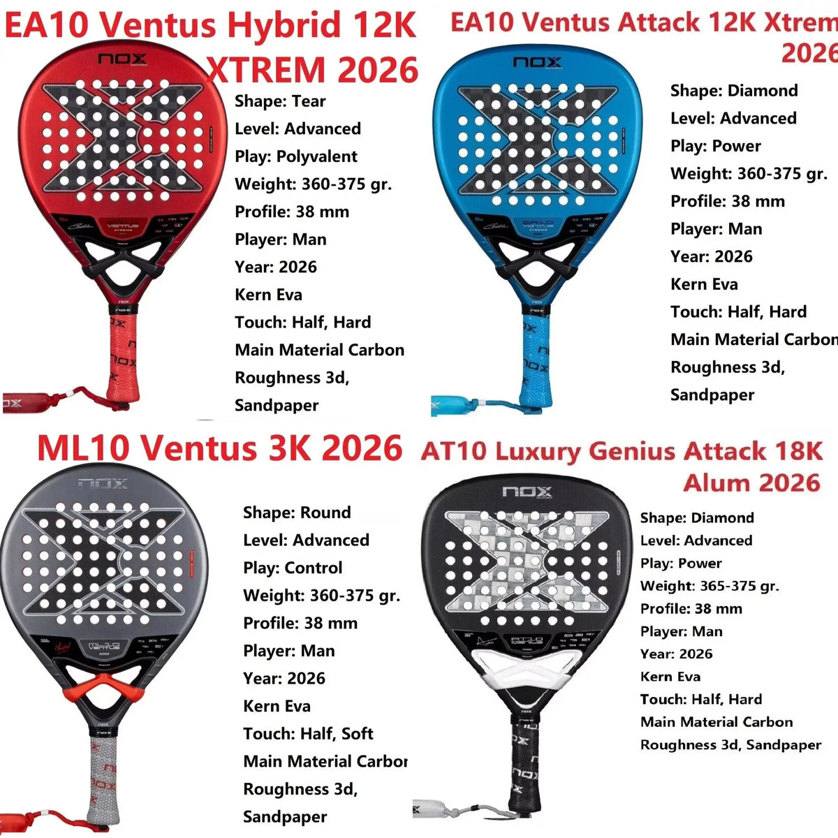 Nox Padel Racket 320-330g Carbon Fiber