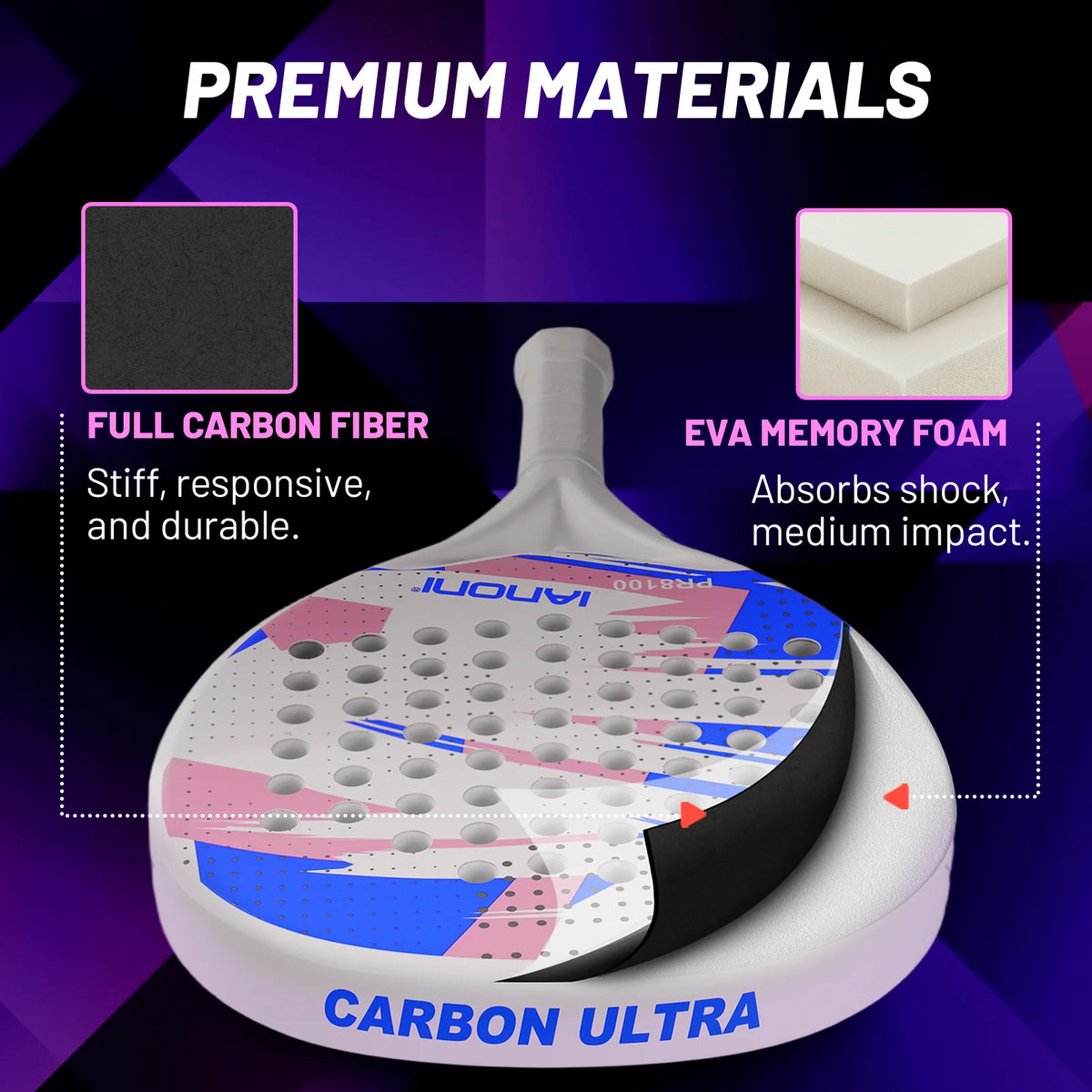 White Padel Racket Carbon Fiber EVA Foam