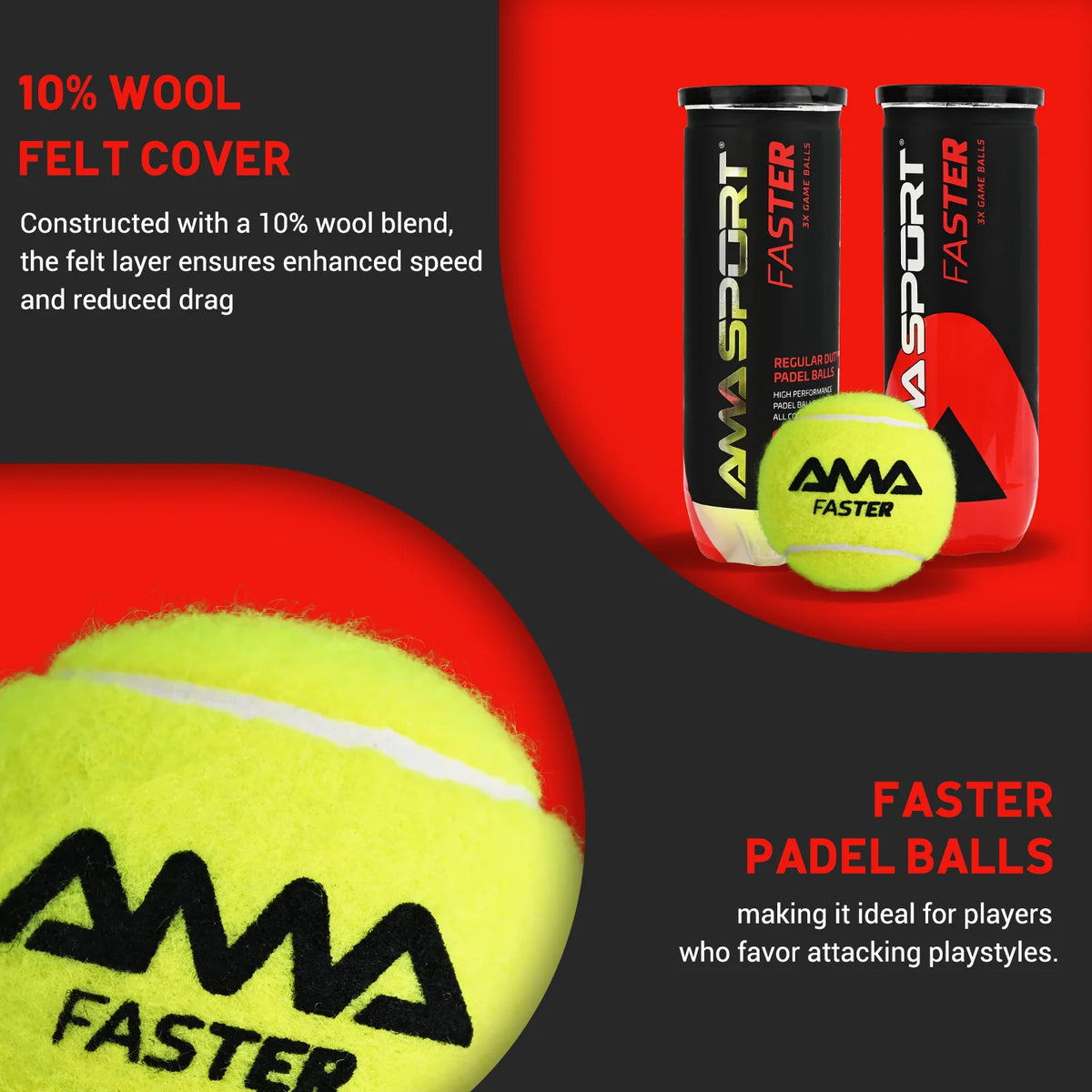 AMASPORT Padel Balls 10% Wool Felt Cover